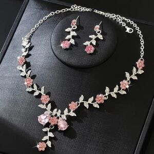 Elegant Pink Floral Necklace and Earring Set